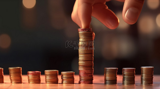 金融上升背景图片_上升的手指放在成堆的硬币上，以 3D 形式说明金融增长