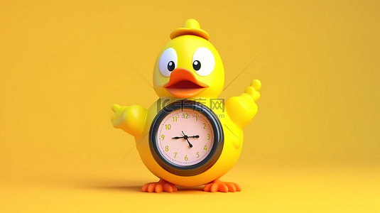 黄色卡通闹钟背景图片_可爱的黄色卡通鸭吉祥物在充满活力的黄色背景下拿着闹钟 3D 插图