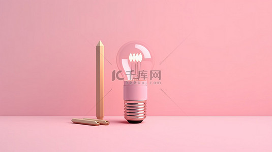 极简主义粉红色背景学校概念，以铅笔和灯泡 3D 渲染为特色