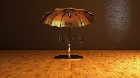 雨季安全背景图片_纹理地板上闪闪发光的金伞 3D 渲染壁纸