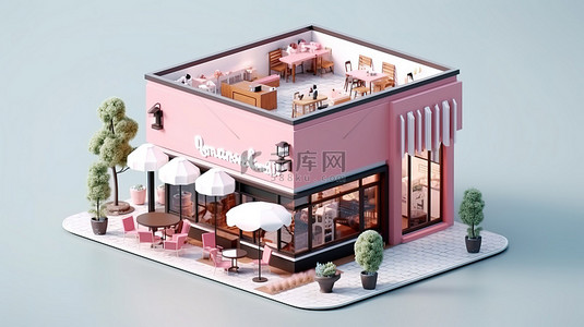 具有等距视图的简约冰淇淋咖啡馆和集装箱商店的外部建筑的 3D 渲染数字艺术