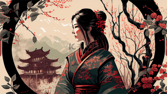 花朵女人中国风格插画背景