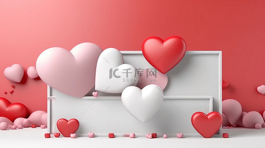 快乐情人节背景图片_带有爱情概念和情人节 3D 心设计的方形横幅模板