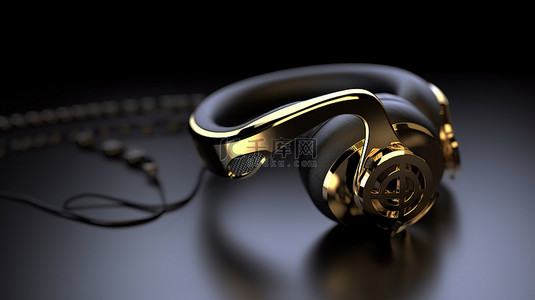 音乐概念插图金色音符与耳机在 3D 渲染