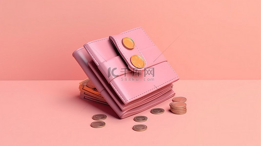 粉红色背景的 3D 渲染与金融钱包硬币和钞票说明汇款概念