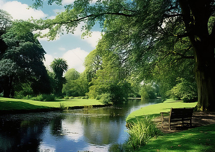 水道堵塞背景图片_一条穿过公园的水道，有树木和小长凳