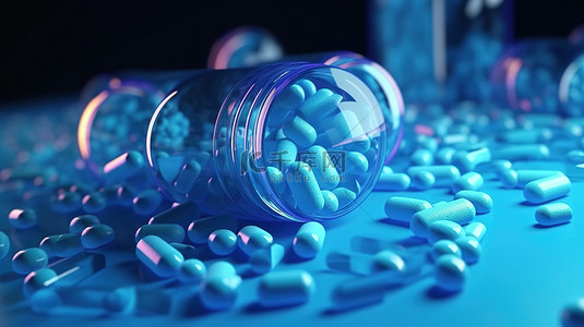 健康胶囊背景图片_用于医药目的的制药制造 蓝色背景下药物的 3D 渲染