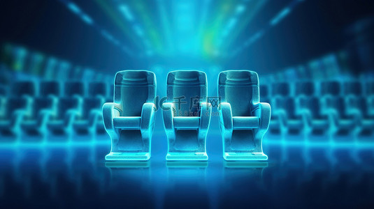 蓝色背景的抽象 3D 插图与电影院座椅，非常适合横幅