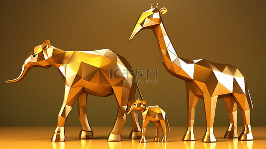 大象鹿和长颈鹿的 3d 金色低多边形模型