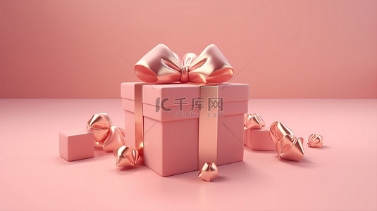 圣诞丝带装饰背景图片_金色丝带装饰的粉红色礼品盒在 3D 渲染在柔和的粉红色背景抽象礼物商业