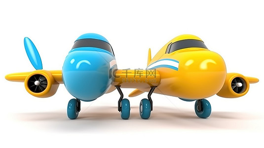 以低角度前视图捕获并在白色背景下呈现的复古黄色和蓝色两座飞机的 3D 渲染