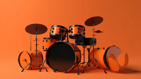 抽象橙色粘土风格的专业黑色鼓套件，以充满活力的橙色背景 3D 呈现