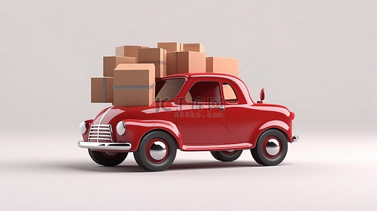 运输纸板箱的卡通红色送货车是白色背景 3D 渲染上的运输和运输概念