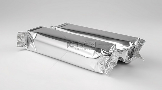 零食模板背景图片_时尚的银色金属长箔包装，用于设计模板 3D 渲染