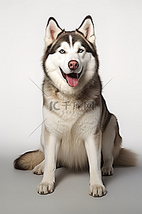坐在白色背景上的西伯利亚哈士奇狗