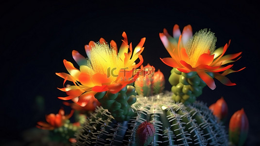 3D 插图中充满活力和郁郁葱葱的仙人掌开花