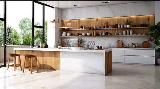 现代厨房设计，配有木制橱柜和白色大理石台面，3D 插图