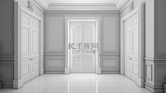 门地板背景图片_以 3D 渲染显示的公寓入口，带有白色门