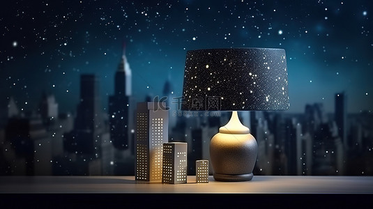 星空背景城市背景图片_3D 渲染水平横幅中的台灯照亮的夜间城市景观和星空