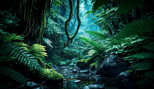 热带背景背景图片_雨中的森林树叶丛林风景绿色自然背景