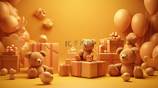红包赠送背景图片_3D 渲染充满活力的礼物赠送场景，配有泰迪熊和袋子