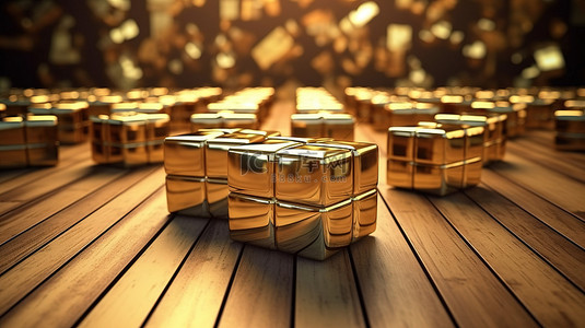 情人节礼物盒背景图片_木质表面上的金色礼物盒非常适合庆祝活动或商业主题 3D 渲染
