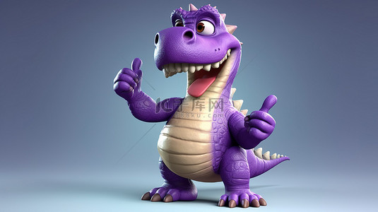 有趣的 3D 紫色恐龙自豪地展示竖起大拇指的手势