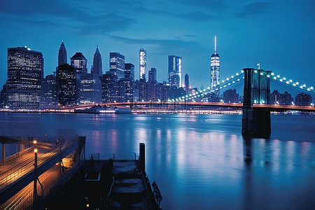 当布鲁克林大桥在黄昏时分被点亮时，蓝色的灯光出现在水面上