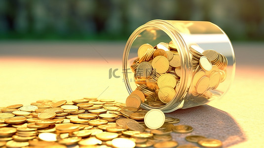 罐子里的金币背景图片_3d 渲染的罐子里装满了闪闪发光的金币