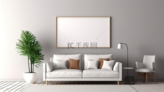 简约的客厅海报框架模型与简单的 d cor 3d 渲染