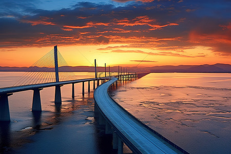一座横跨海洋的巨大桥梁，背景是黄色的天空