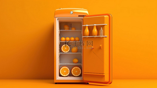 橙色背景下单色老式冰箱的 3D 渲染
