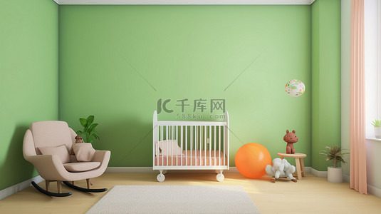 带绿色墙壁婴儿床和椅子的儿童房间的 3D 渲染
