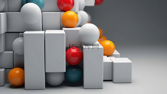 一组灰色背景下彩色球和白色立方体的抽象 3D 渲染