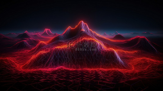 照亮的山景霓虹线框 3d 渲染与发光的红光轨迹
