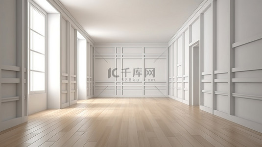 浅色家具背景图片_简约的房间设计 3D 渲染浅色木地板和白色矩形图案墙壁