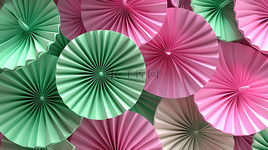 浅绿色和粉色风扇的 3D 渲染，创造出引人注目的背景