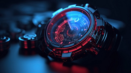 技术概念 3d 渲染场景与蓝色色调的红色手表