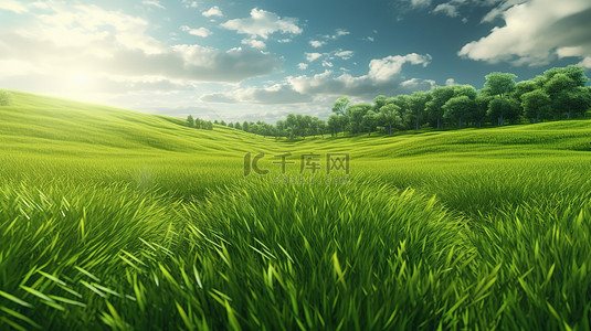 菜单绿色背景图片_郁郁葱葱的绿色景观的 3D 渲染，拥有广阔的田野