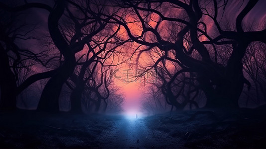 夜光森林背景图片_迷人的夜间森林 3D 数字插图，雾气中神秘的光芒和黑暗的树木轮廓