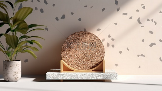 闲置的木质基座和水磨石，具有 3D 视觉效果和树叶灵感的大理石背景