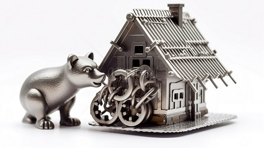 家背景图片_3D 渲染金属熊陷阱与白色背景下的小屋建筑
