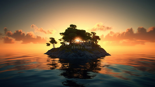 令人惊叹的 3D 渲染中海洋岛屿上的日落