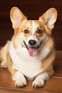棕色的动物背景图片_一只白色和棕色的柯基犬躺在木地板上