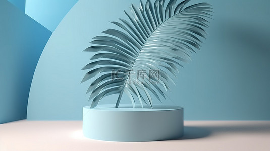 夏天的树下背景图片_浅蓝色背景下 3D 渲染中带有棕榈树叶阴影的白色讲台