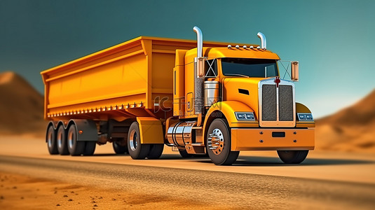 背景可商用背景图片_宽敞的橙色运输卡车的 3D 渲染，带有可拆卸的拖车，用于移动建筑和农业散装产品