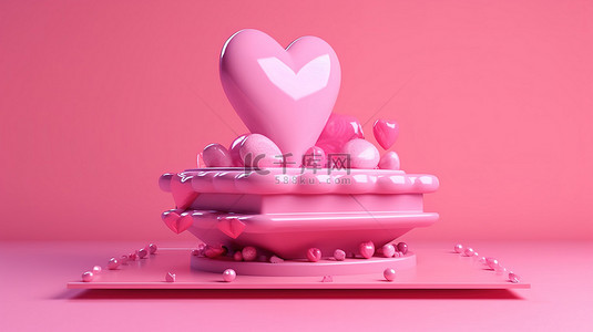 粉色飞船背景图片_粉色宇宙飞船和心形装饰的 3d 讲台