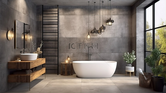阁楼风格浴室的 3D 渲染，配有混凝土瓷砖墙和华丽的装饰图案