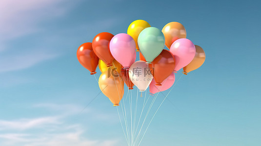 充满活力的气球簇在原始的天空 3d 渲染中翱翔