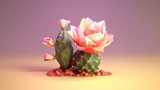 以花为特色的低聚仙人掌的 3D 风格化插图